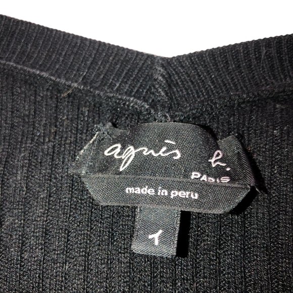 agnes b. paris france black ribbed clssic short sleeved v-neck sweater S - Picture 2 of 4